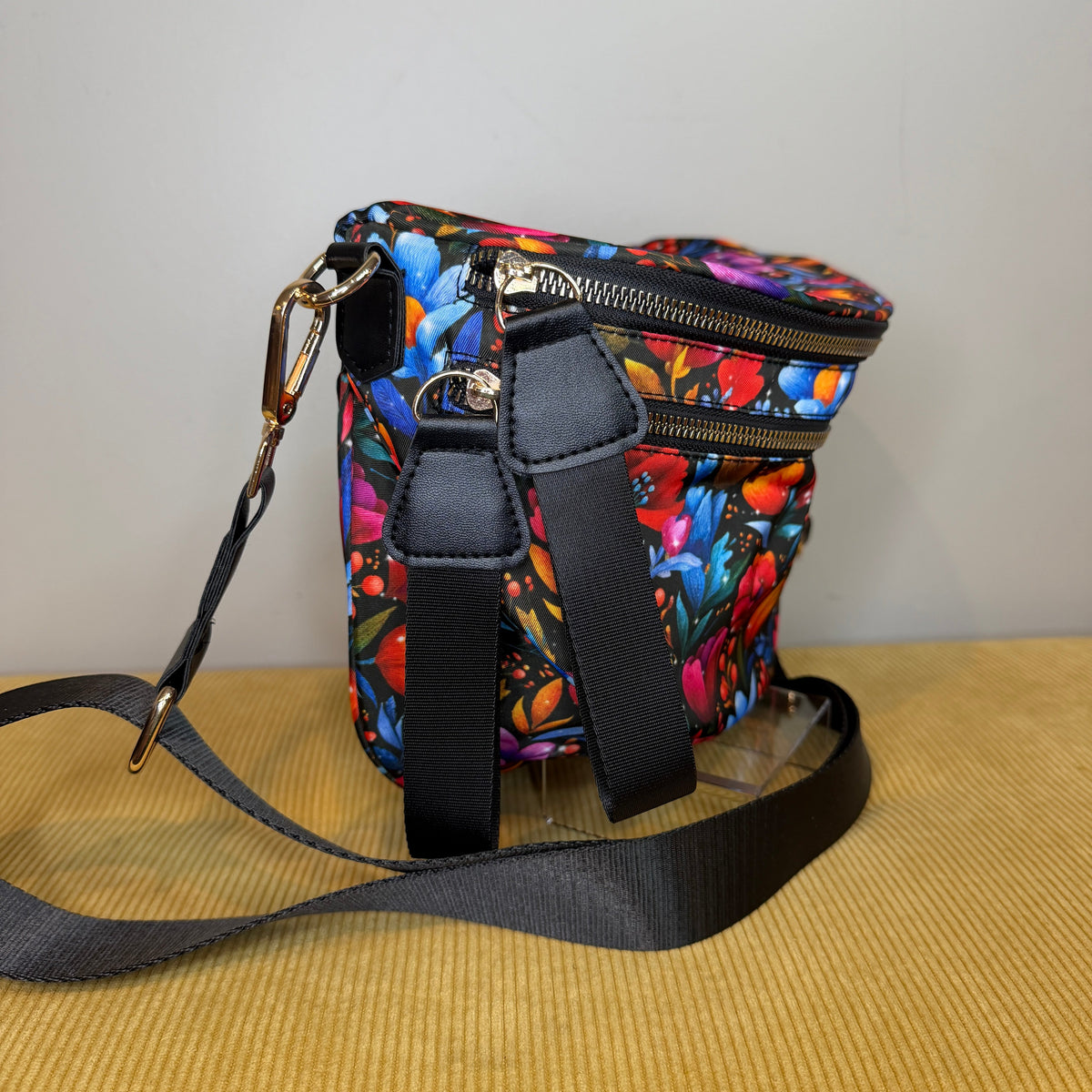 The Roni Nylon Crossbody - Floral Bright Red Blue on Black