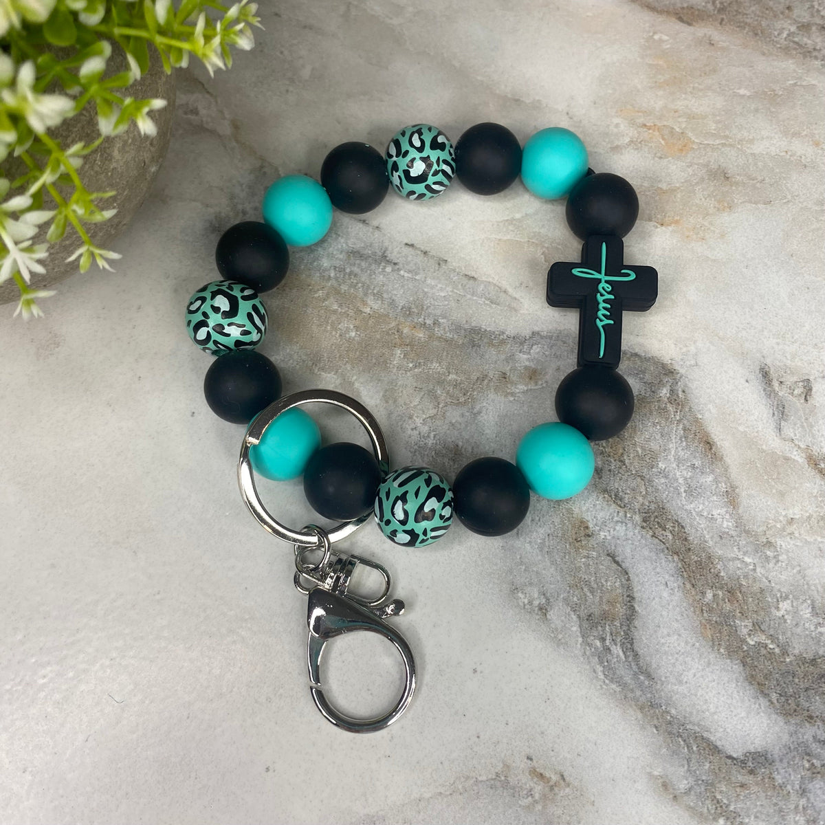 Silicone & Wood Bracelet Keychain - Religious, Jesus, Black & Teal