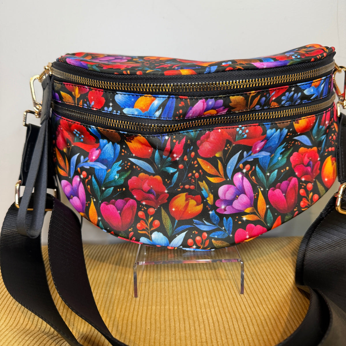 The Roni Nylon Crossbody - Floral Bright Red Blue on Black